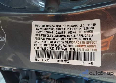 2020 Honda Civic Ex z USA, uszkodzony, nr VIN 19XFC1F32LE002420